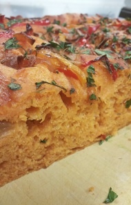 Tomato Focaccia with Bell Pepper and Onions